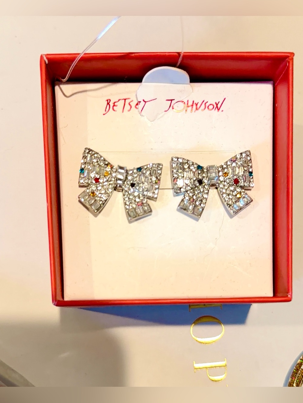 Betsey Johnson Silver Bow Crystal Stud Earrings - Multicolor Accents